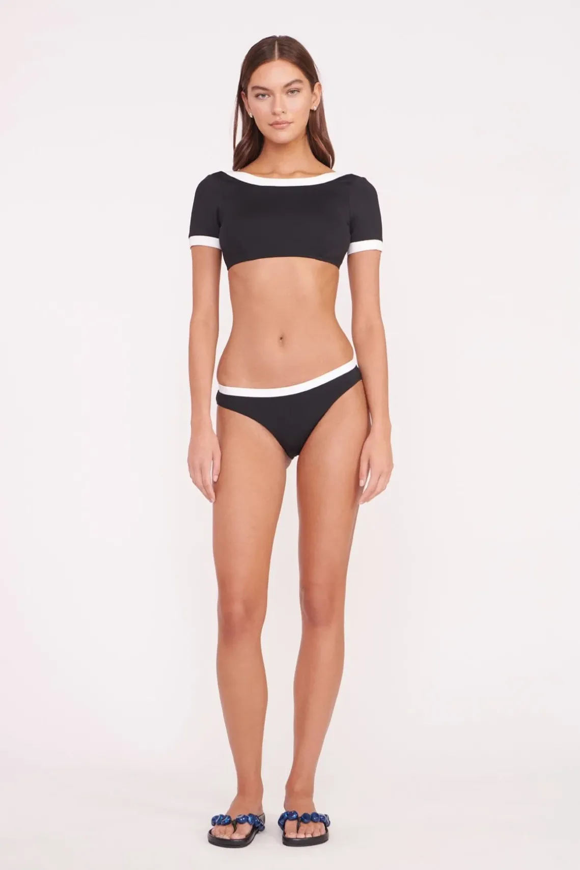 LILY SHORT SLEEVE BIKINI TOP BLACK WHITE