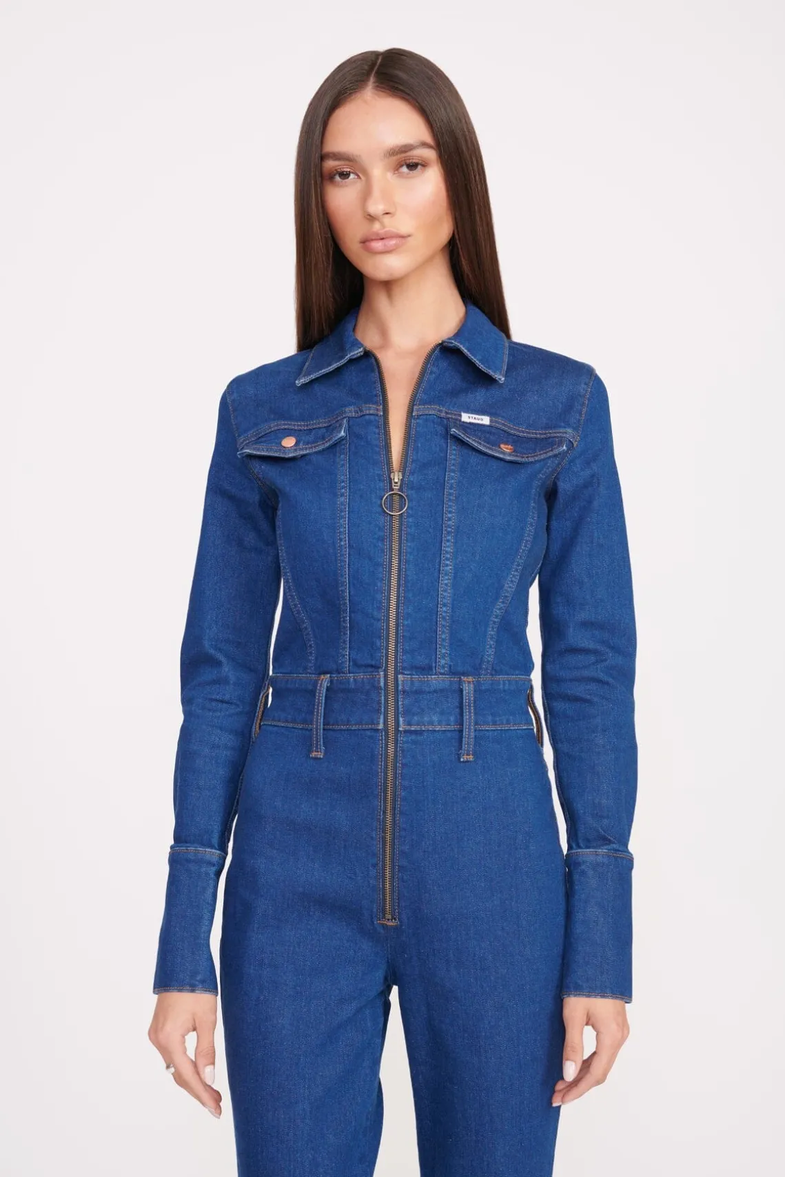 STAUD + WRANGLER THE BODY JUMPSUIT DARK RINSE