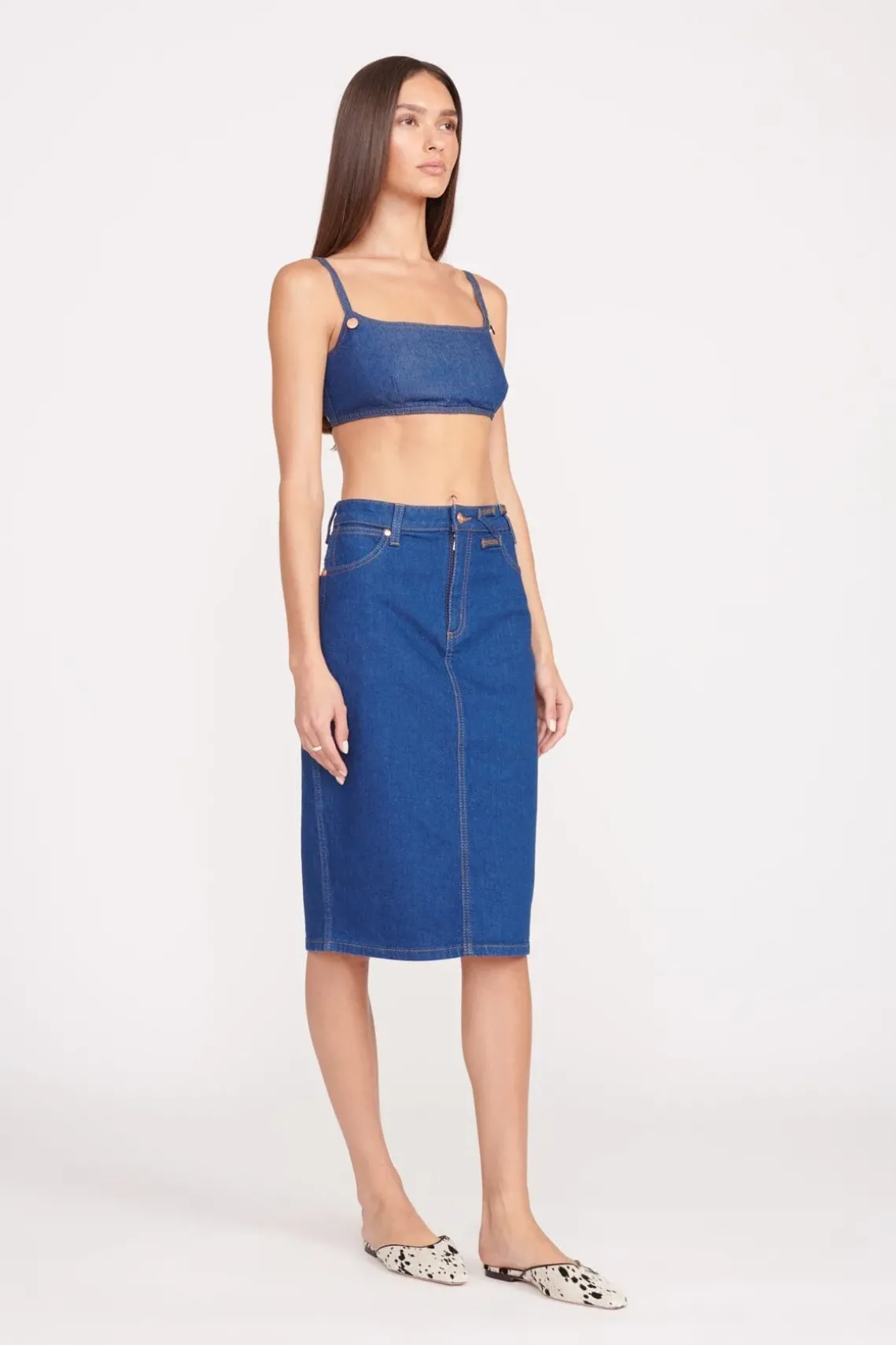 STAUD + WRANGLER THE PENCIL SKIRT DARK RINSE