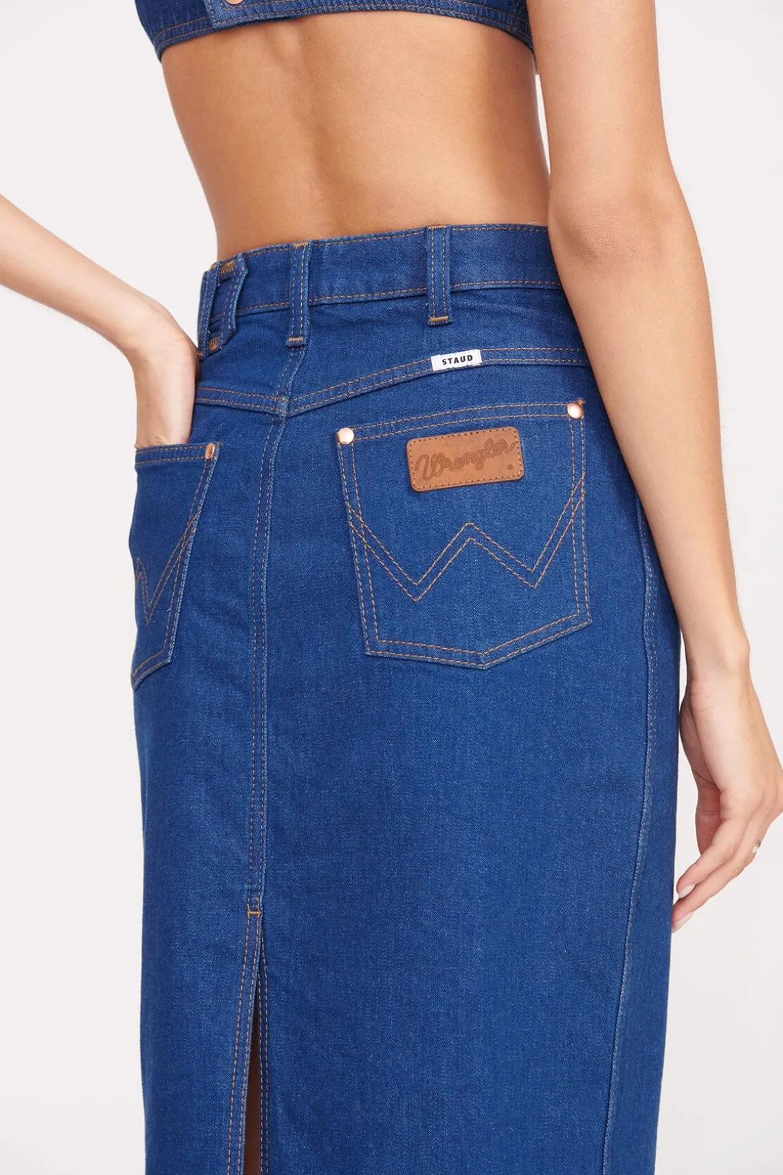 STAUD + WRANGLER THE PENCIL SKIRT DARK RINSE