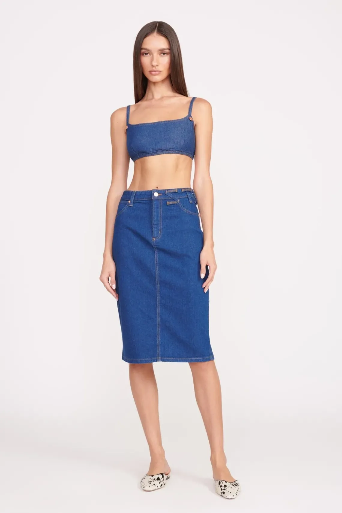 STAUD + WRANGLER THE PENCIL SKIRT DARK RINSE